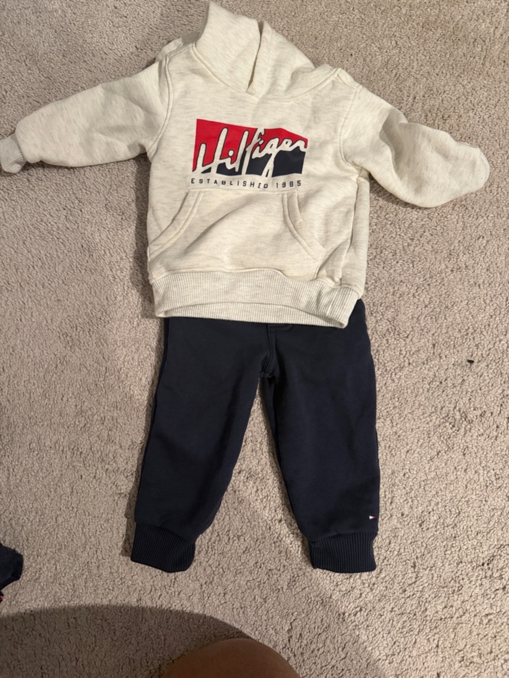 Tommy Hilfiger Cream Hoodie with Red & Navy Logo and Navy Joggers